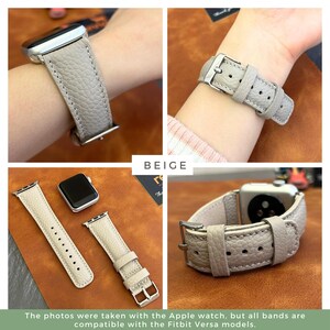 May include: Beige leather watch band with a textured finish. The band is shown on a silver Apple Watch.