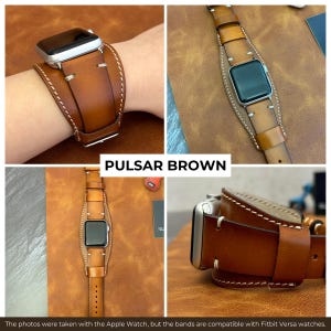 K&ouml;nnte beinhalten: Ein braunes Lederarmband mit wei&szlig;en N&auml;hten. Das Armband ist f&uuml;r eine Smartwatch mit quadratischem Zifferblatt konzipiert. Das Armband wird an einem Handgelenk und flach auf einer Oberfl&auml;che gezeigt.