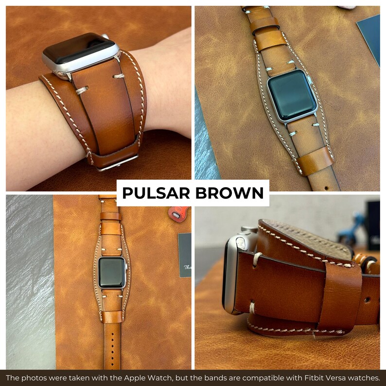 K&ouml;nnte beinhalten: Ein braunes Lederarmband mit wei&szlig;en N&auml;hten. Das Armband ist f&uuml;r eine Smartwatch mit quadratischem Zifferblatt konzipiert. Das Armband wird an einem Handgelenk und flach auf einer Oberfl&auml;che gezeigt.