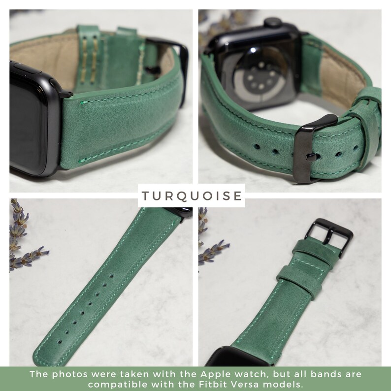 May include: Turquoise leather watch band for Apple Watch and Fitbit Versa. The band is shown in four different angles, highlighting the stitching and the buckle.