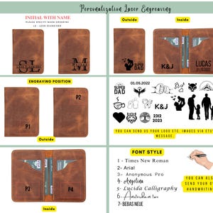 Peut inclure: Un portefeuille en cuir marron avec plusieurs fentes pour cartes et un porte-billets. Le portefeuille peut &ecirc;tre personnalis&eacute; par gravure au laser. L'image montre des exemples d'options de gravure, notamment des initiales, des noms, des dates et des logos. Le texte "Vous pouvez nous envoyer votre logo etc. images via Etsy message." est inclus dans l'image.