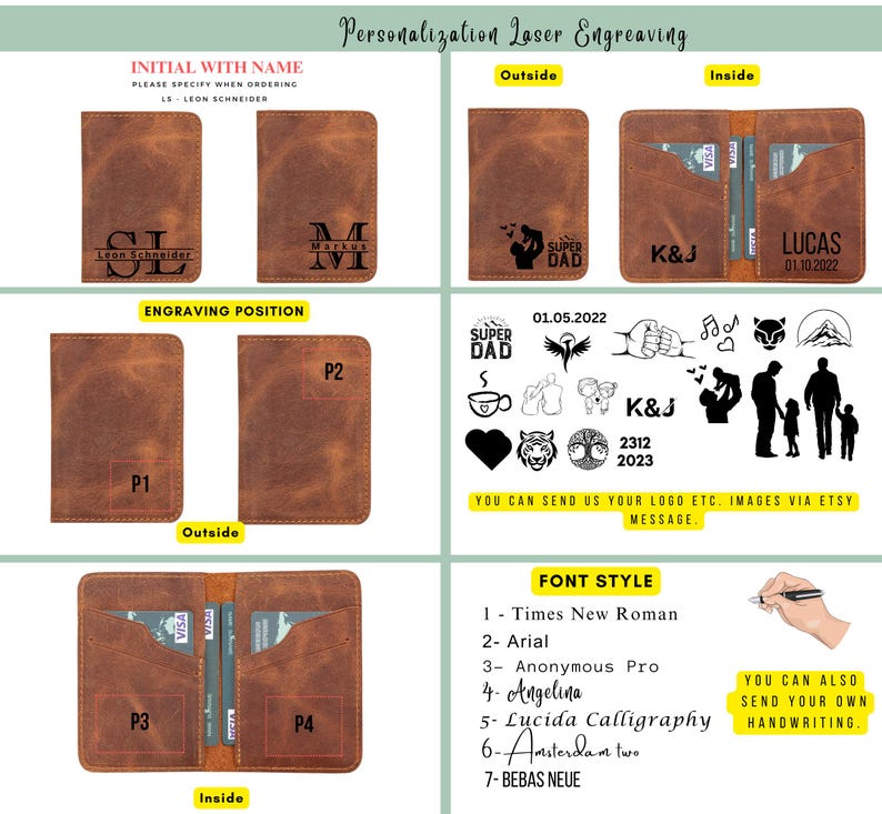 Peut inclure: Un portefeuille en cuir marron avec plusieurs fentes pour cartes et un porte-billets. Le portefeuille peut &ecirc;tre personnalis&eacute; par gravure au laser. L'image montre des exemples d'options de gravure, notamment des initiales, des noms, des dates et des logos. Le texte "Vous pouvez nous envoyer votre logo etc. images via Etsy message." est inclus dans l'image.