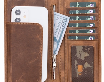 Portefeuille en cuir haut de gamme pour femmes et hommes, portefeuille en cuir véritable fait main avec compartiment pour téléphone portable, emplacements pour cartes et compartiment zippé, portefeuille universel.