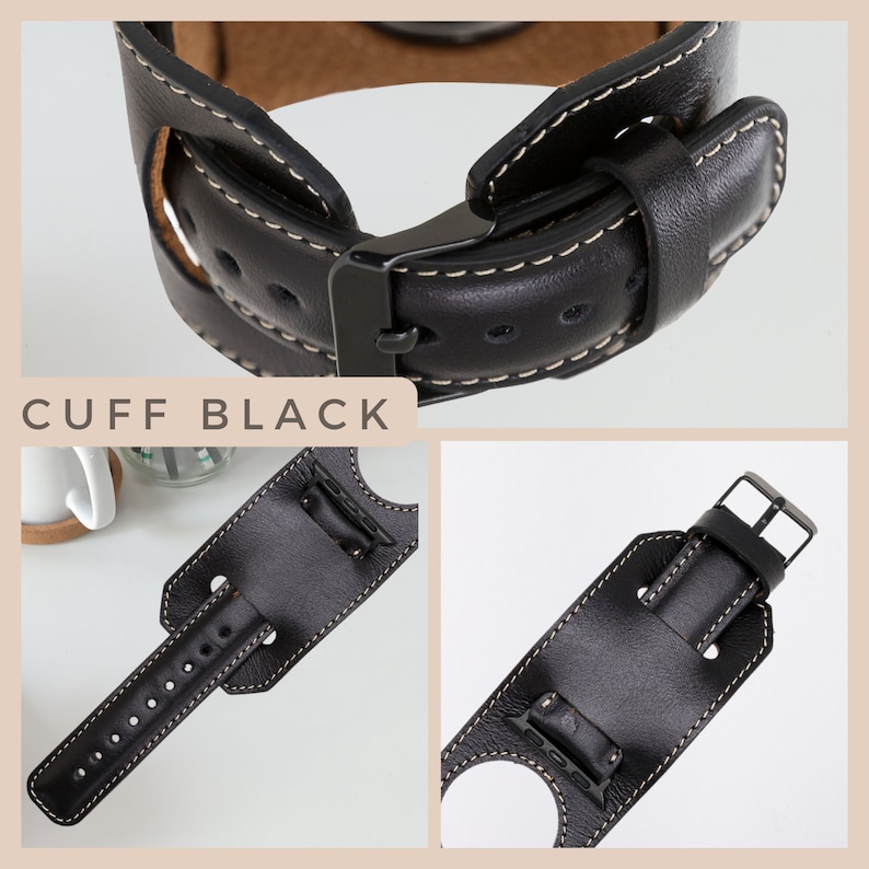 K&ouml;nnte beinhalten: Schwarzes Lederarmband mit wei&szlig;en N&auml;hten und einer Metallschlie&szlig;e. Das Armband ist so konzipiert, dass es um ein Zifferblatt passt und einen Manschetten-Stil hat.
