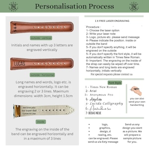 Pode incluir: Um guia para as op&ccedil;&otilde;es de personaliza&ccedil;&atilde;o de pulseiras de rel&oacute;gio de couro. A imagem mostra tr&ecirc;s pulseiras de rel&oacute;gio diferentes com exemplos de grava&ccedil;&atilde;o. O texto explica o processo, incluindo os estilos de fonte e as op&ccedil;&otilde;es de coloca&ccedil;&atilde;o. O texto tamb&eacute;m menciona que a grava&ccedil;&atilde;o no interior da pulseira pode ser facilmente apagada com o tempo.