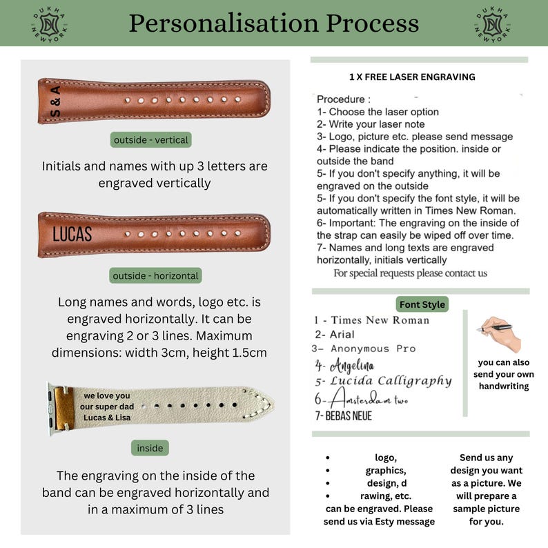 Pode incluir: Um guia para as op&ccedil;&otilde;es de personaliza&ccedil;&atilde;o de pulseiras de rel&oacute;gio de couro. A imagem mostra tr&ecirc;s pulseiras de rel&oacute;gio diferentes com exemplos de grava&ccedil;&atilde;o. O texto explica o processo, incluindo os estilos de fonte e as op&ccedil;&otilde;es de coloca&ccedil;&atilde;o. O texto tamb&eacute;m menciona que a grava&ccedil;&atilde;o no interior da pulseira pode ser facilmente apagada com o tempo.