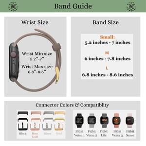 May include: A band guide with wrist size and band size information. The guide includes measurements in inches for small, medium, and large sizes. Connector colours include black, rose gold, silver, and gold. Compatible with Fitbit Versa 1, 2, Lite, Versa 3, and Sense.