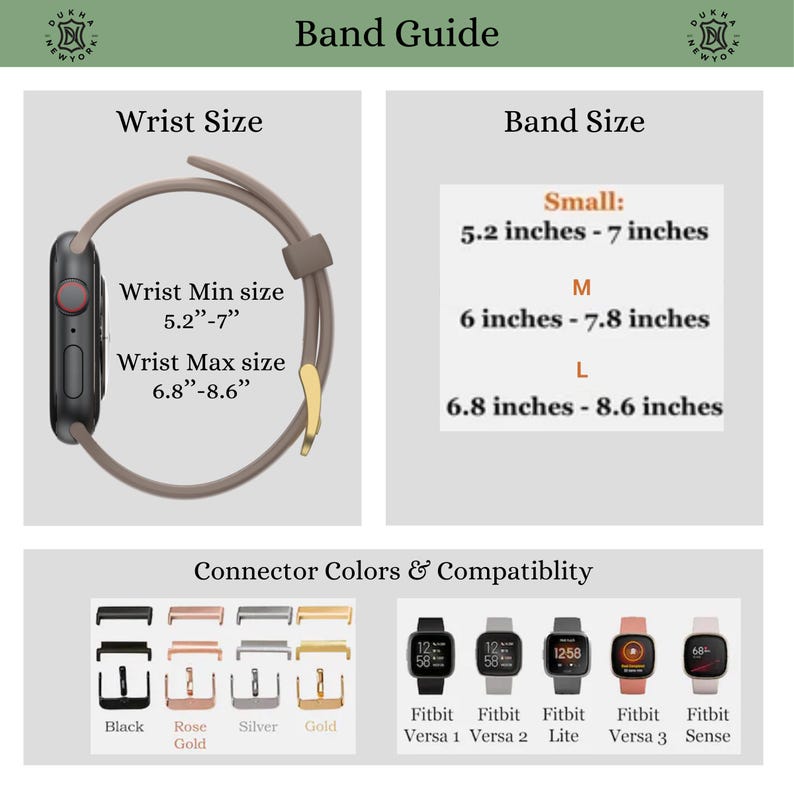 May include: A band guide with wrist size and band size information. The guide includes measurements in inches for small, medium, and large sizes. Connector colours include black, rose gold, silver, and gold. Compatible with Fitbit Versa 1, 2, Lite, Versa 3, and Sense.