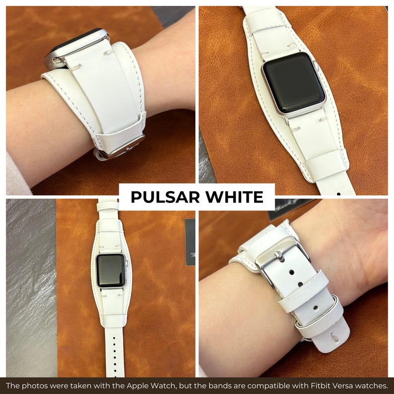 K&ouml;nnte beinhalten: Wei&szlig;es Lederarmband mit einer Schlie&szlig;e. Das Armband ist so konzipiert, dass es sowohl an Apple Watch als auch an Fitbit Versa Uhren passt. Das Armband ist an einem Handgelenk abgebildet.