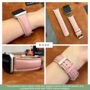 May include: A pink leather watch band with a silver buckle. The band is shown on a wrist and laid flat. The text "ROSE" is visible in the image.