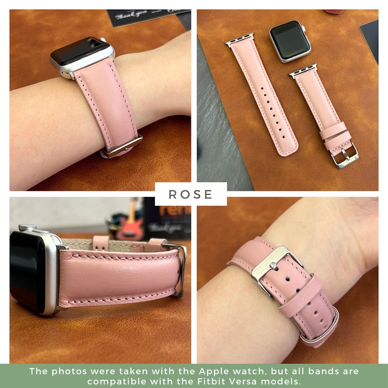 May include: A pink leather watch band with a silver buckle. The band is shown on a wrist and laid flat. The text "ROSE" is visible in the image.