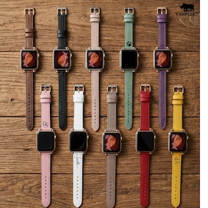 Könnte beinhalten: Eine Auswahl an Lederarmbändern für die Apple Watch in verschiedenen Farben: Braun, Schwarz, Rosa, Weiß, Beige, Grün, Rot, Lila und Gelb. Jedes Armband wird mit seinem Zifferblatt präsentiert, das ein Blumenmuster zeigt. Einige Armbänder haben Text.