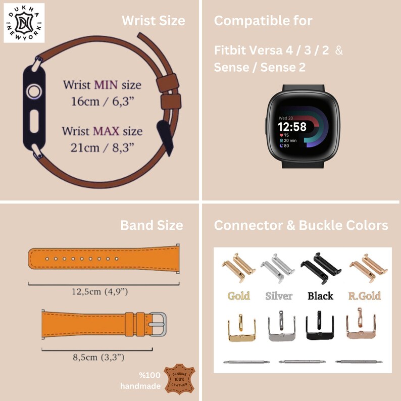 K&ouml;nnte beinhalten: Ein braunes Lederarmband mit goldenen, silbernen und schwarzen Konnektor- und Schlie&szlig;enoptionen. Das Armband ist kompatibel mit Fitbit Versa 4, 3, 2, Sense und Sense 2 Smartwatches. Das Armband ist 12,5 cm lang und 8,5 cm breit. Das Armband ist handgefertigt und aus 100% echtem Leder.