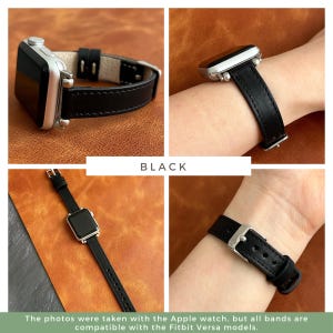 Pode incluir: Pulseira de rel&oacute;gio de couro preto com ferragens prateadas. A pulseira &eacute; mostrada em um pulso e colocada plana sobre uma superf&iacute;cie marrom.