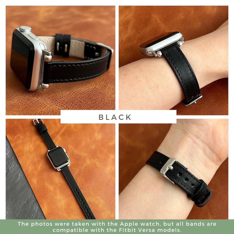 Pode incluir: Pulseira de rel&oacute;gio de couro preto com ferragens prateadas. A pulseira &eacute; mostrada em um pulso e colocada plana sobre uma superf&iacute;cie marrom.