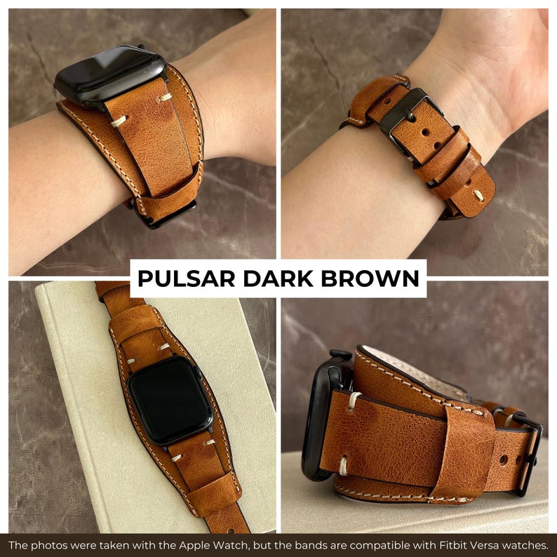 K&ouml;nnte beinhalten: Ein braunes Lederarmband mit wei&szlig;en N&auml;hten. Das Armband ist um ein Handgelenk gelegt und auch flach auf einer Oberfl&auml;che abgelegt. Der Text "PULSAR DARK BROWN" ist im Bild sichtbar.