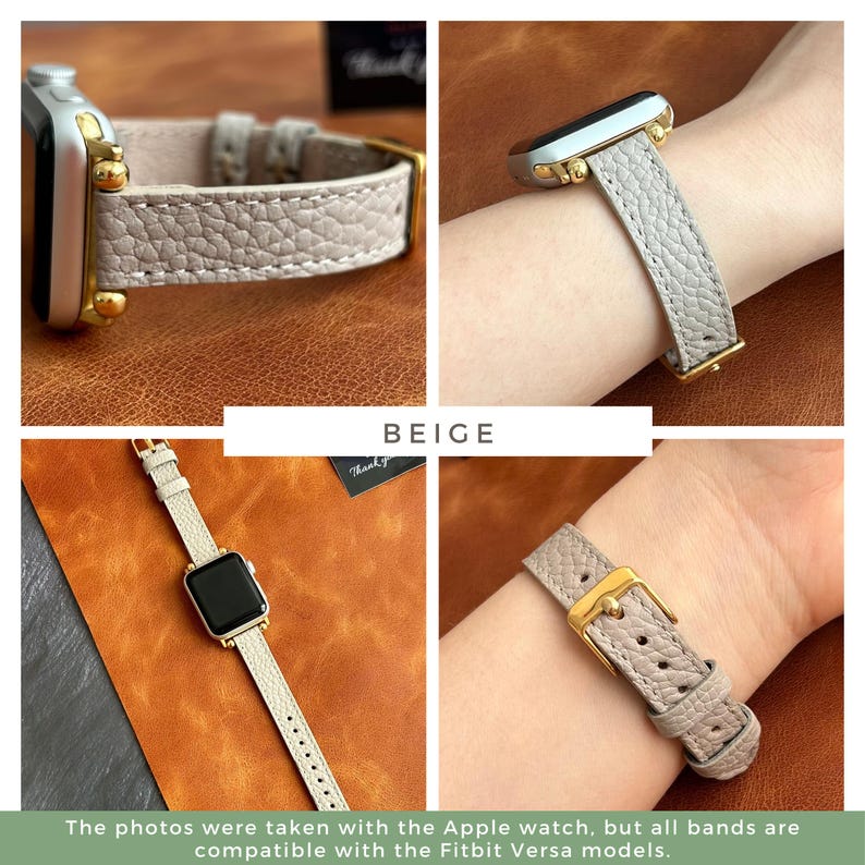 Pode incluir: Pulseira de rel&oacute;gio de couro bege com ferragens douradas. A pulseira &eacute; mostrada em um pulso e em uma mesa. A pulseira &eacute; compat&iacute;vel com os modelos Apple Watch e Fitbit Versa.