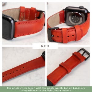 May include: Red leather watch band with stitching detail. The band is compatible with Apple Watch and Fitbit Versa models.