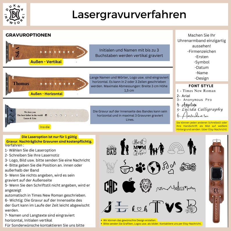 K&ouml;nnte beinhalten: Ein Leitfaden zu den Lasergravuroptionen f&uuml;r Uhrenarmb&auml;nder. Der Leitfaden zeigt verschiedene Gravurstile, darunter vertikal, horizontal und innerhalb des Armbands. Er zeigt auch verschiedene Schriftstile und Beispiele f&uuml;r Gravuren, wie z. B. Namen, Initialen und Symbole. Der Leitfaden gibt an, dass die Lasergravur nur f&uuml;r eine Gravur g&uuml;ltig ist und dass zus&auml;tzliche Gravuren kostenpflichtig sind.