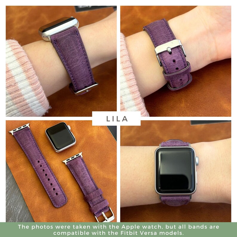 May include: Purple leather watch band for Apple Watch and Fitbit Versa models. The band has a textured finish and a silver buckle.