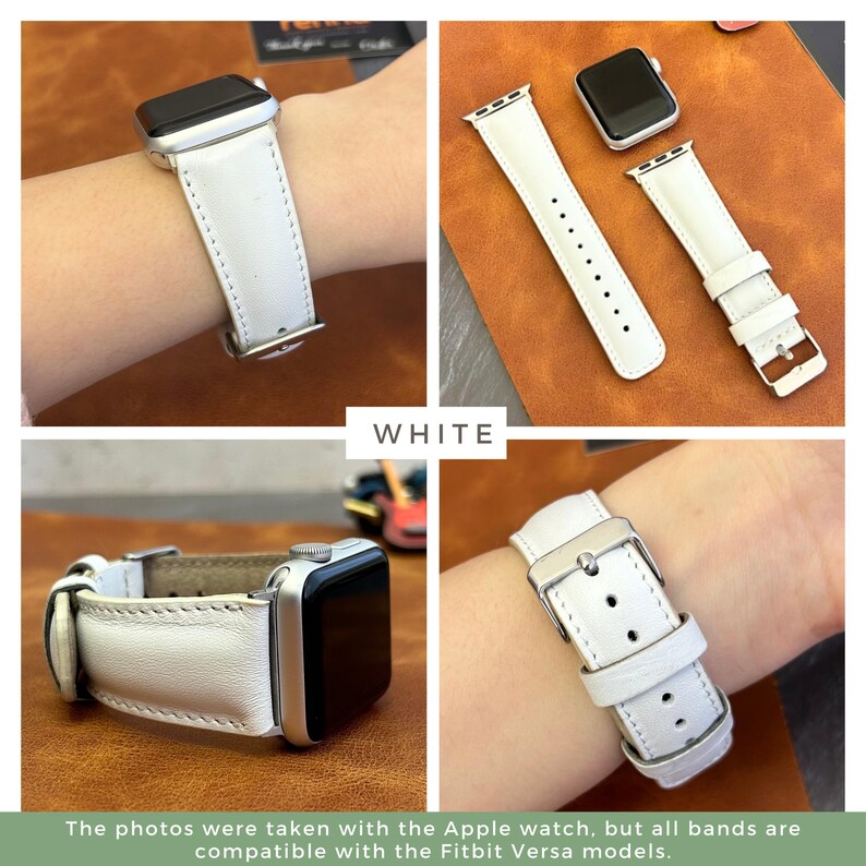 May include: White leather watch band compatible with Apple Watch and Fitbit Versa models. The band is shown on a brown leather surface and on a person's wrist.