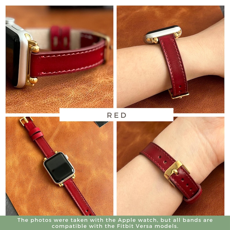 Pode incluir: Pulseira de rel&oacute;gio de couro vermelho com ferragens douradas. A pulseira &eacute; mostrada em um pulso e em uma mesa.