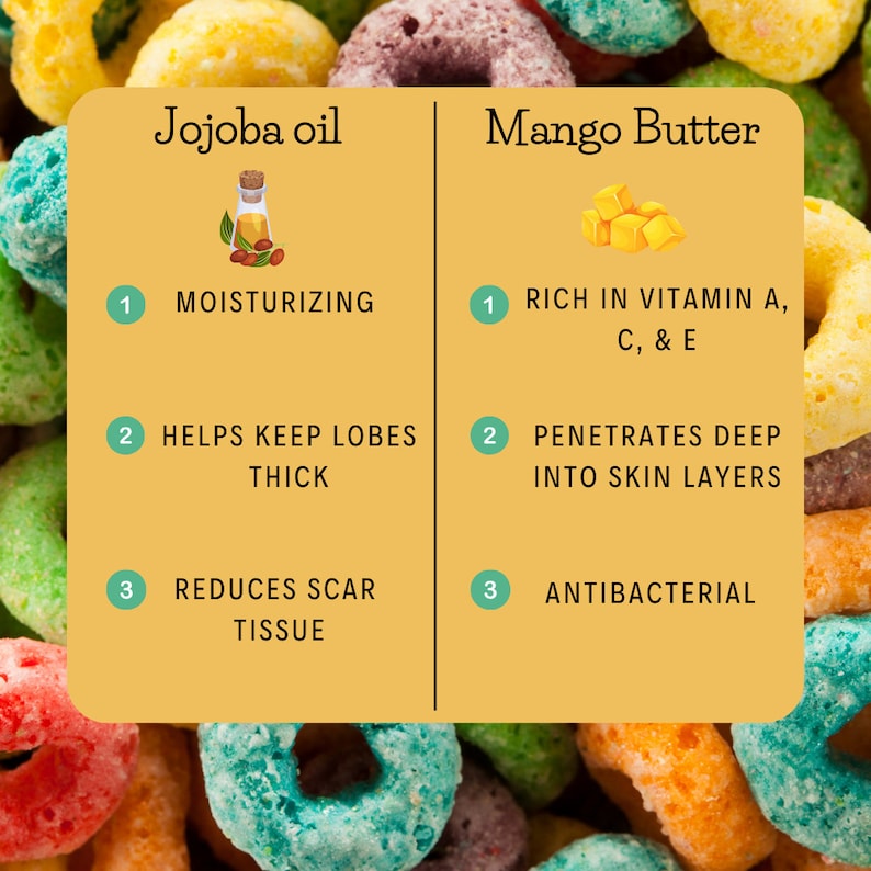 A text photo describing the benefits of jojoba oil and mango butter for stretched ears.