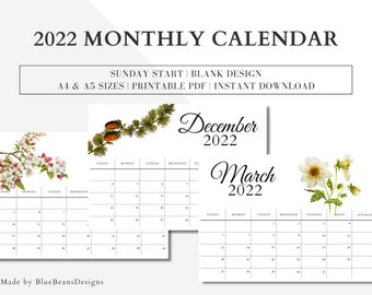 2022 Monthly Printable Calendar | Blank Planner (No Holidays) | Instant Download | Sunday Start