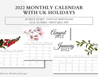 2022 Monthly Printable Calendar | Planner with UK Holidays | Instant Download | Sunday Start