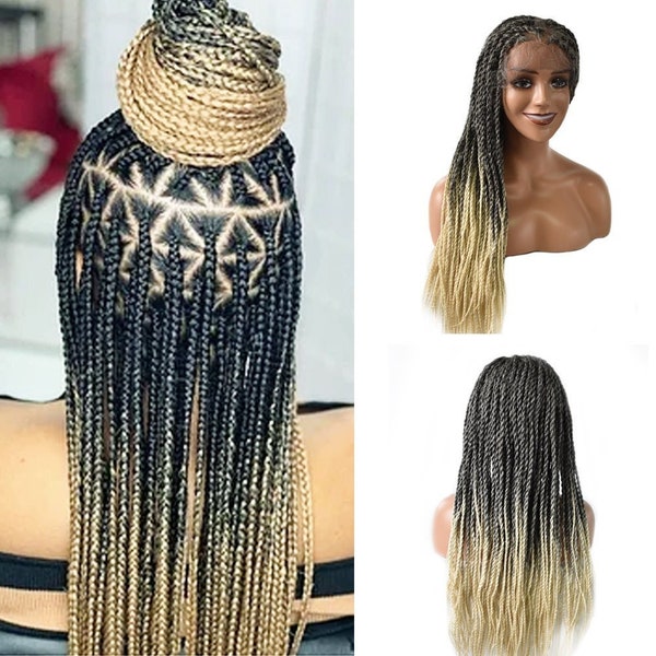 E-Wigs Box Braided Lace Synthetic Twist Cornrow Baby Hair Braids Wigs for Black Women Swiss Lace Front Hand Tied Lightweight Long Hair