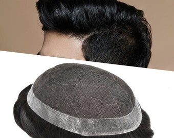 E-wigs French Lace Men's Toupee Poly with Gauze Around Human Hair Hairpiece for men Replacement System  D7-5-N