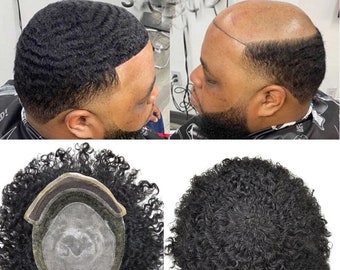 E-wigs Parrucca Afro Frontale in Pizzo Uomo Toupee Parrucca 100% Capelli Umani Sostituzione Capelli Ricci Crespi Ondulati Afroamericani Uomini Neri 8x10 PU-B