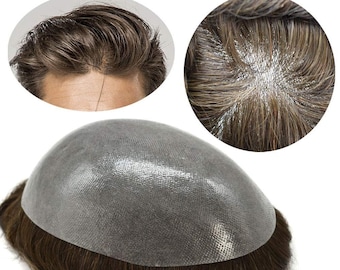 E-wigs Full Poly Remy Human Hair Mens Toupee Full PU Thin Skin Poly Durable Base Hairpiece for men Replacement System PAPY