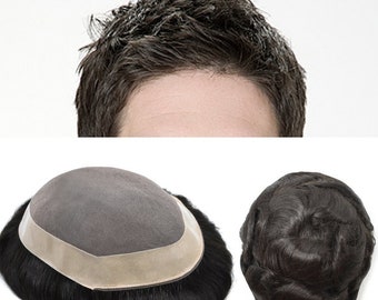 E-wigs Fine Mono Lace Mens Toupee Human Hair Hairpiece for men Poly Coating Around Perimeter Replacement System D7-3