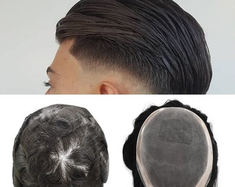 Fine Mono Lace Mens Toupee: 100% Human Black Hair Replacement