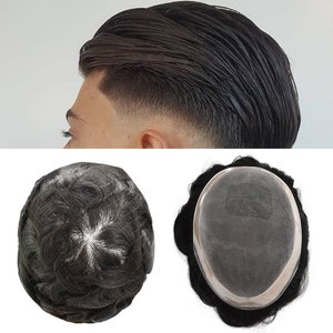 Fine Mono Lace Mens Toupee: 100% Human Black Hair Replacement