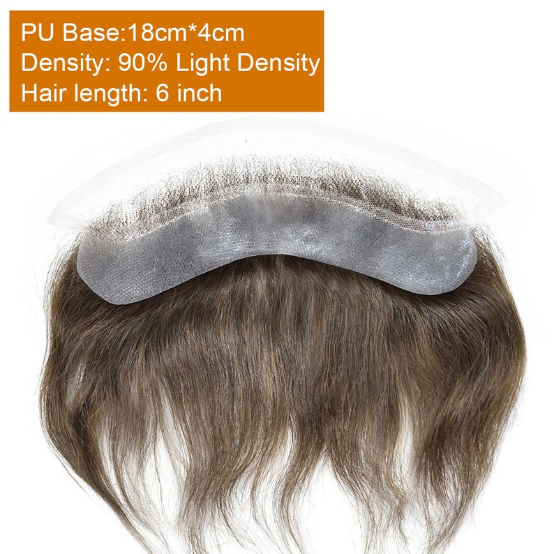 May include: A toupee with a 6 inch hair length, 18cm by 4cm PU base, and 90% light density.