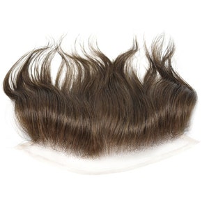May include: A brown human hair lace frontal with a natural hairline. The lace is thin and transparent, and the hair is soft and silky.