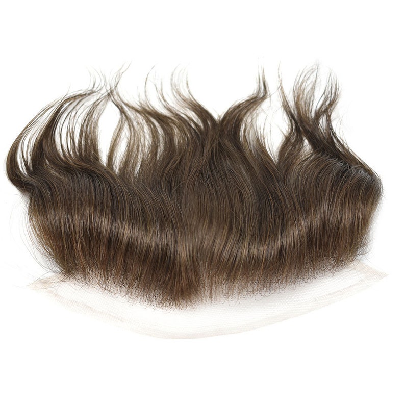 May include: A brown human hair lace frontal with a natural hairline. The lace is thin and transparent, and the hair is soft and silky.