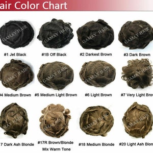 May include: Hair color chart showing 10 different shades of hair, from jet black to light ash blonde. Each shade is displayed on a separate toupee, with the corresponding hair color number and name listed below.