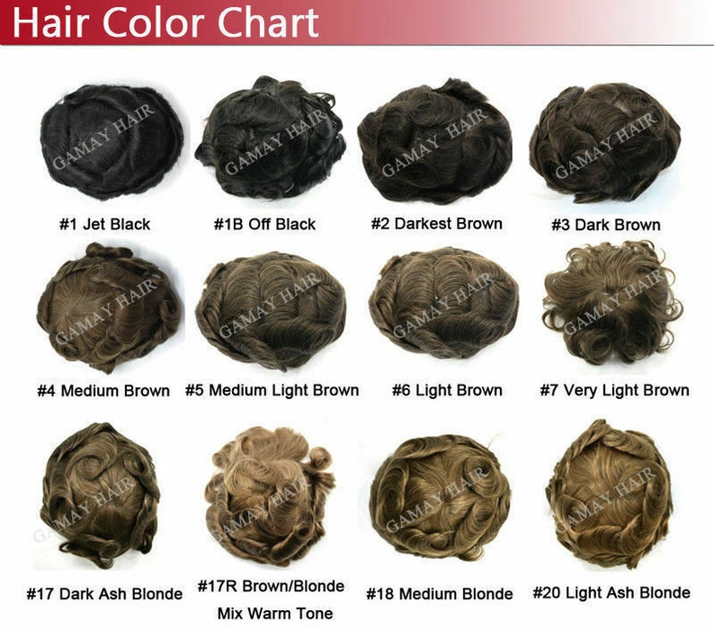 May include: Hair color chart showing 10 different shades of hair, from jet black to light ash blonde. Each shade is displayed on a separate toupee, with the corresponding hair color number and name listed below.