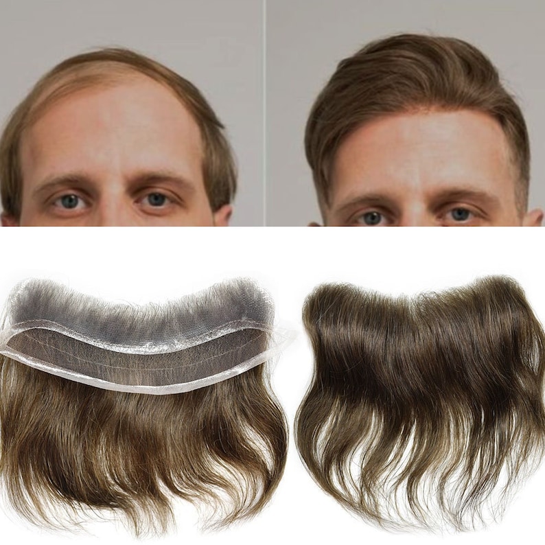 May include: A toupee with a thin, clear base and brown hair. The toupee is shown in two positions, one with the base visible and one with the hair covering the base.