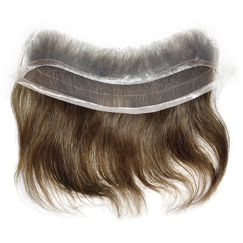 May include: A brown human hair toupee with a lace front and a natural hairline. The toupee is designed to be used for hair replacement.