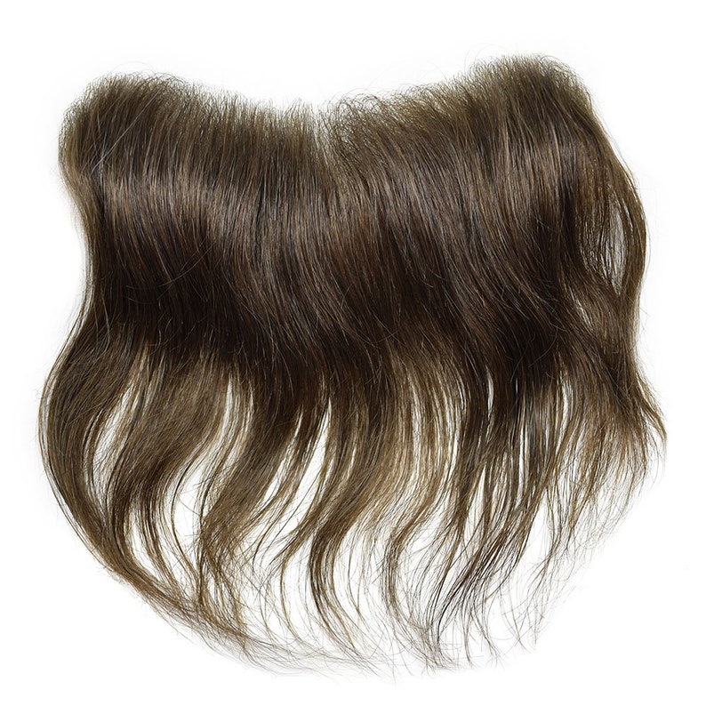 May include: A brown hairpiece for men, designed to cover a receding hairline or bald spot. The hairpiece is made of human hair and has a natural, wavy texture.