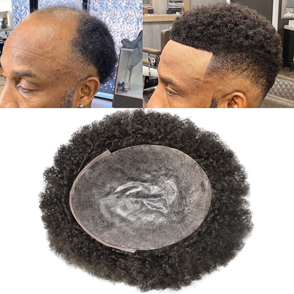 Poly Wigs E-wigs Afro Curl Mens Toupee Full Poly Skin PU 100% Human Hair System ...