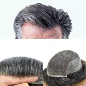 E-Wig Swiss Lace  Man Toupee Front Bleached Knots Mens Hair Piece Human Hair Replacement System For Man Wigs Grey Toupee For Men