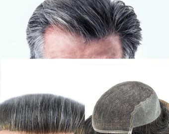 E-Wig Swiss Lace  Man Toupee Front Bleached Knots Mens Hair Piece Human Hair Replacement System For Man Wigs Grey Toupee For Men