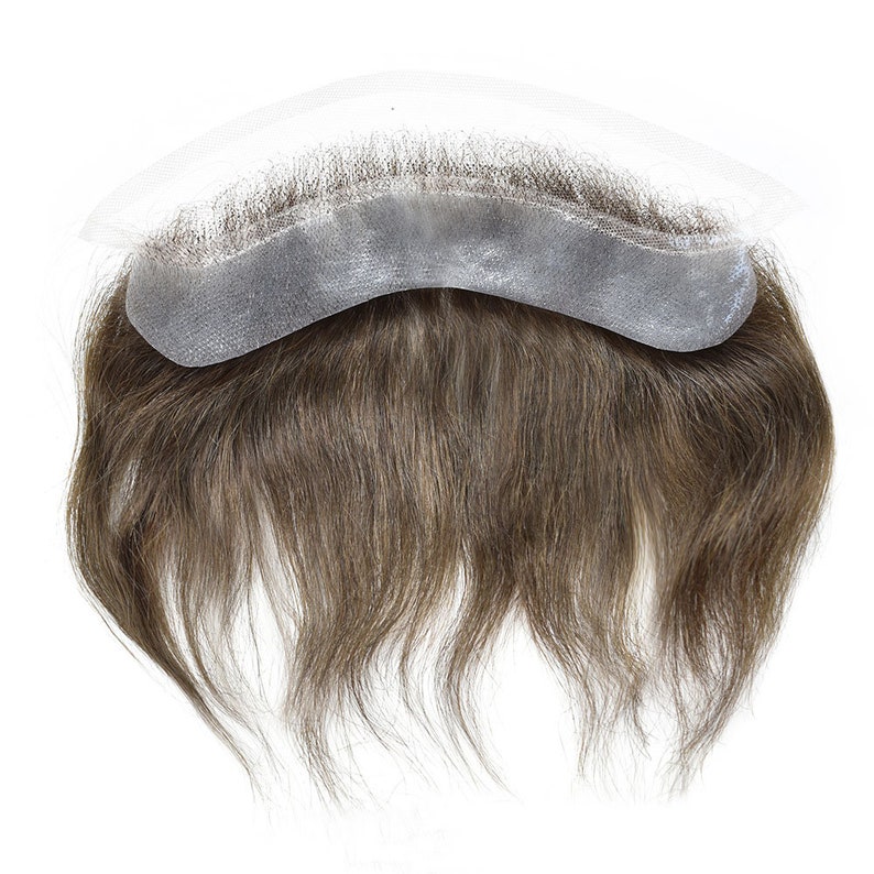 May include: A brown hairpiece with a lace front and a thin, clear, semi-circular base.