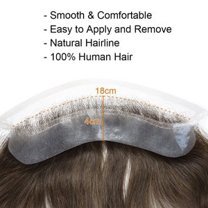 May include: A toupee made of 100% human hair with a natural hairline. The toupee is 18 cm long and 4 cm wide. It is designed to be easy to apply and remove.