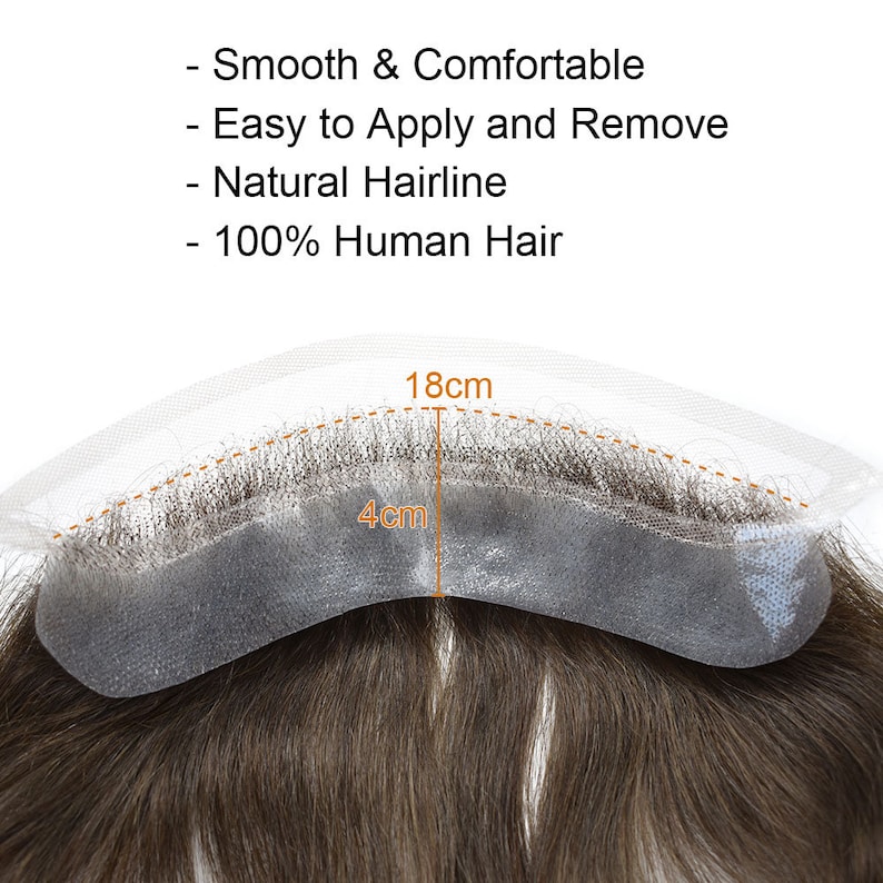 May include: A toupee made of 100% human hair with a natural hairline. The toupee is 18 cm long and 4 cm wide. It is designed to be easy to apply and remove.